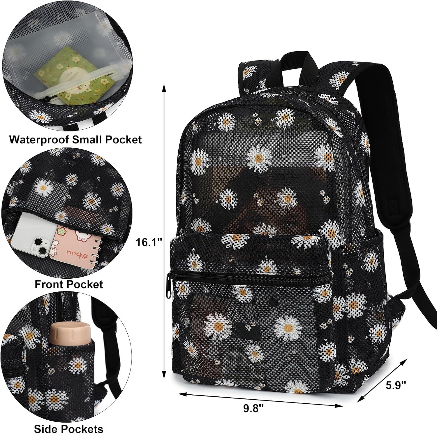 Daisy Mesh Backpack for Girls Women, Semi-Transparent Kids School Backpack College Bookbag for Beach Gym Travel - Image 3