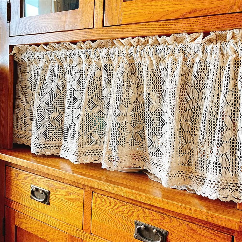 Zasłona typu lambrekin, ręcznie robiona, szydełkowana, romantyczna, boho, kawiarniana, bawełniana, lniana, kuchenna, elegancka dekoracja okna, 1 sztuka,Krótkie zasłony(W x H 150 x 90 cm)