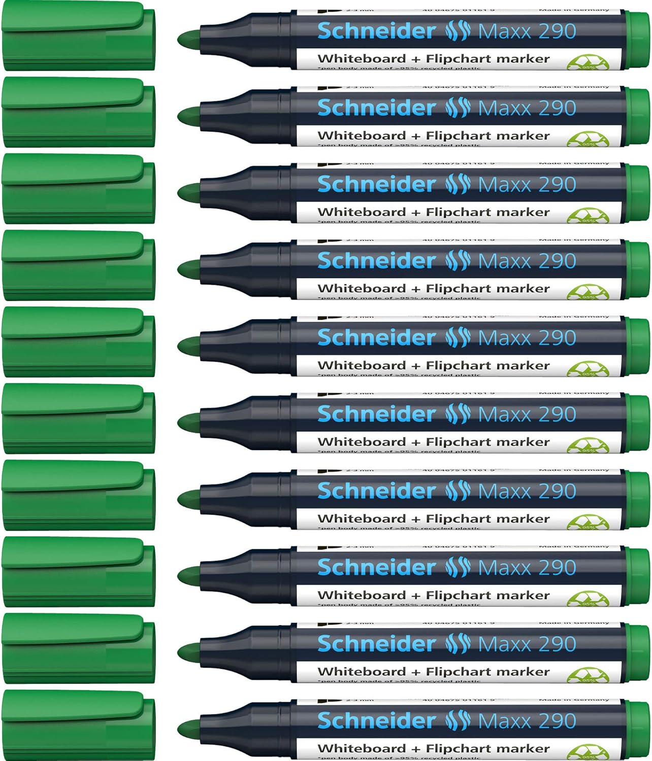 Schneider Maxx 290 Whiteboard and Flipchart Marker, 2-3 mm, Black Barrel, Green Ink, Box of 10 Markers (129004)