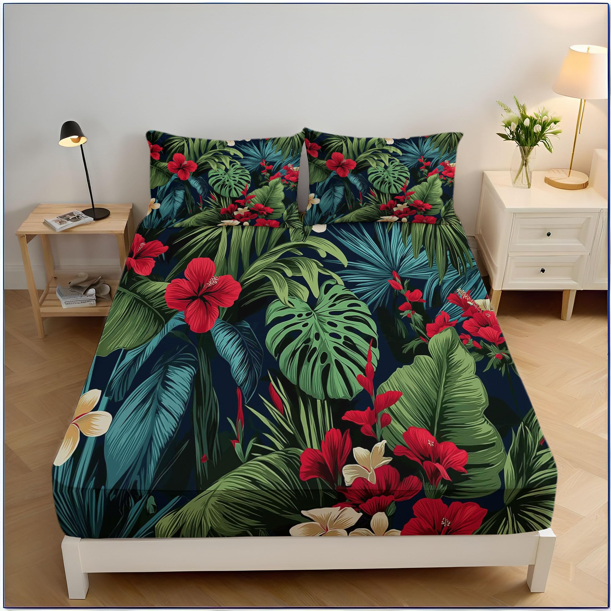 Drap housse 200x200 tropical vert en microfibre imprimée pour grand matelas