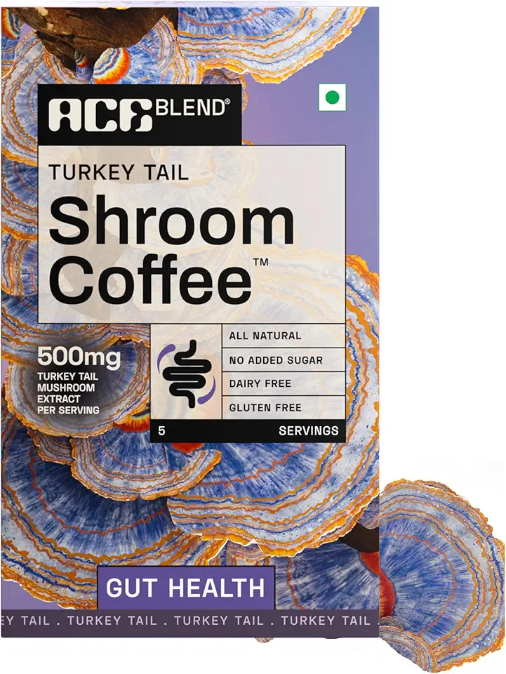 Ace Blend Turkey Tail Mushroom Coffee (5 Serves)| 500mg Turkey Tail Mushroom Extract | KSM 66 Ashwagandha, L-Theanine, MCT Powder | Gut Health | Digestion Support | Instant Coffee | Medium Roast Blend