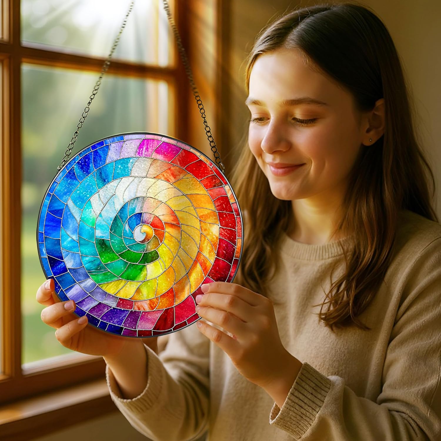 Stained Glass Window Hanging, 8 Inch Rainbow Spiral Stained Glass Suncatcher, Spiral Window Hanging Decor, Geometric Spiral Suncatcher Wall Decor, Gift for Women Men Wife Lovers and Mom - Image 2