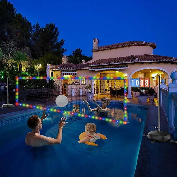 Oswerpon Professional Pool Volleyball Net with Scoreboard, Adjustable Width (15-32 FT) Pool Volleyball Set, Portable Versatile Tennis Badminton Net with Water Base, 21 FT LED Light, Indoor Outdoor
