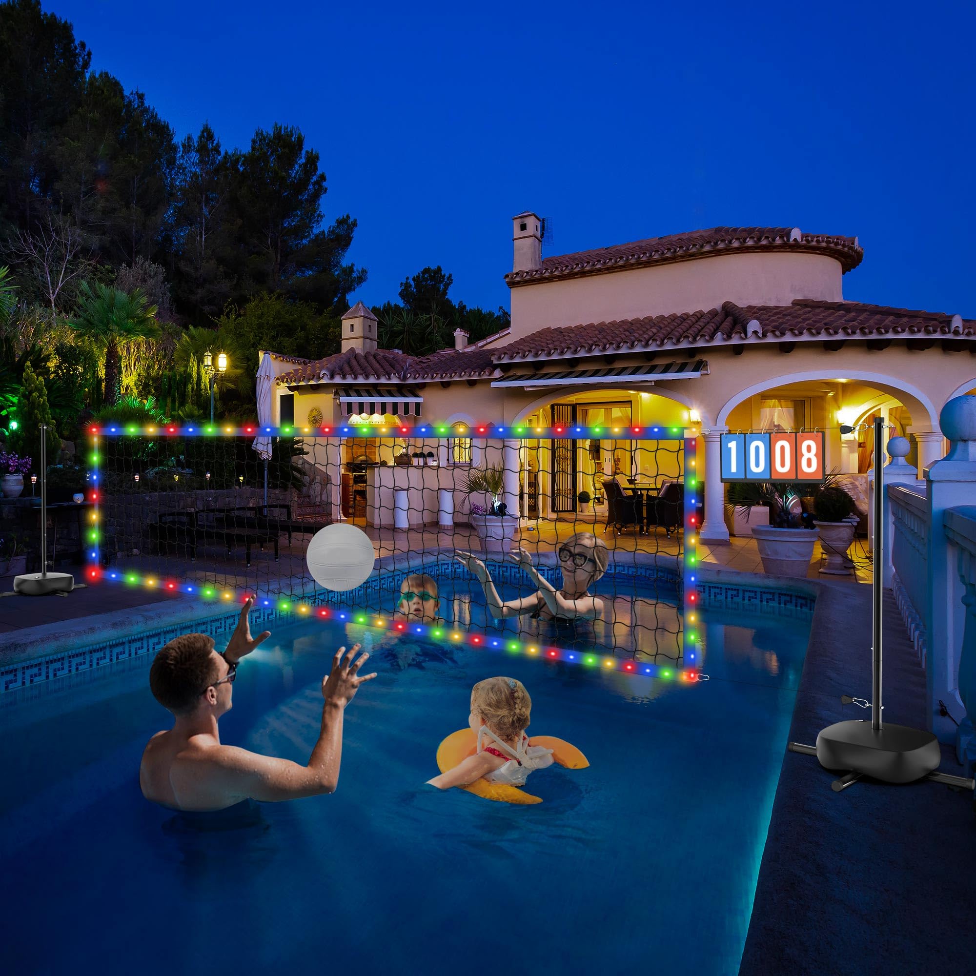 Red profesional de voleibol para piscina con marcador, ancho ajustable (15-32 pies), juego de voleibol de piscina, red de bádminton portátil versátil con base de agua, luz LED de 21 pies