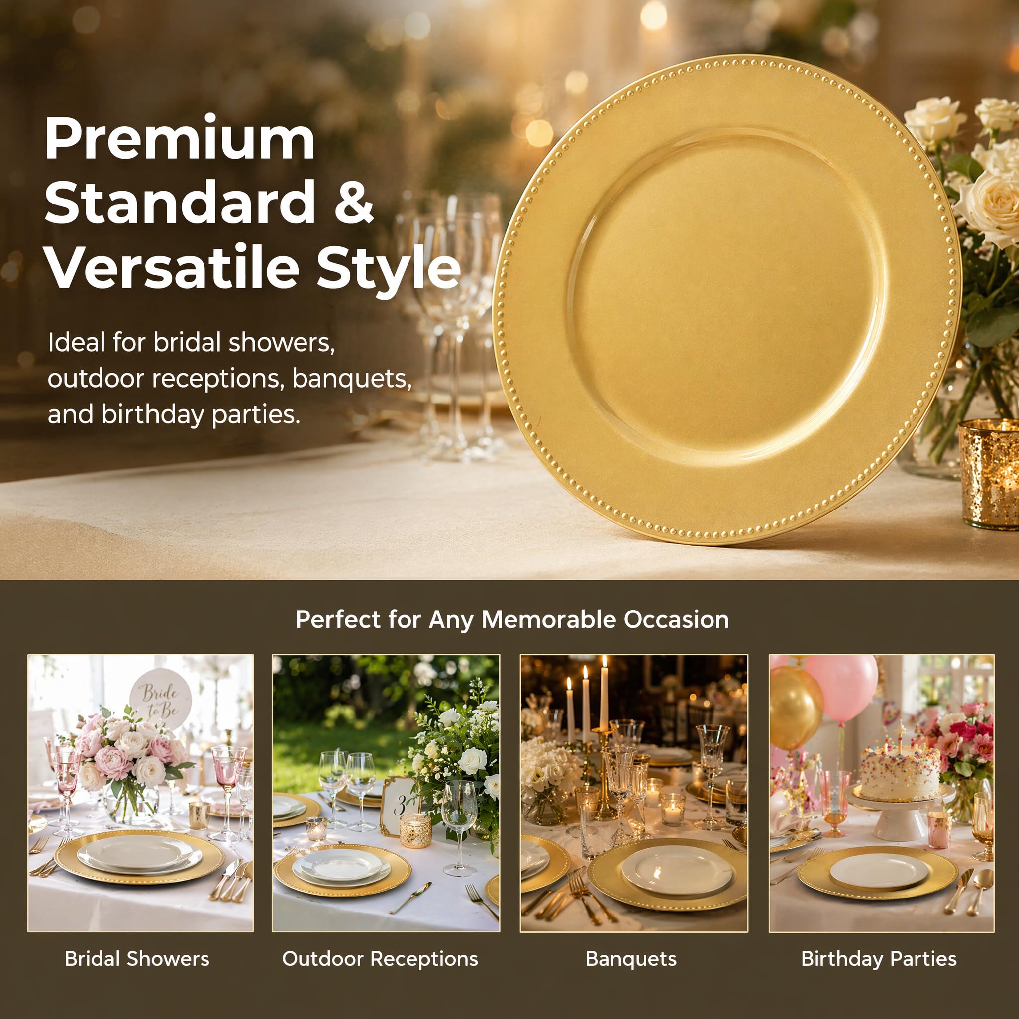 Okllen 12 Pack Plastic Gold Charger Plates, 13" Round Beaded Charger Plates Decorative Dinner Chargers, Embossed Charger Serving Plates for Wedding, Catering Event, Tabletop Decor