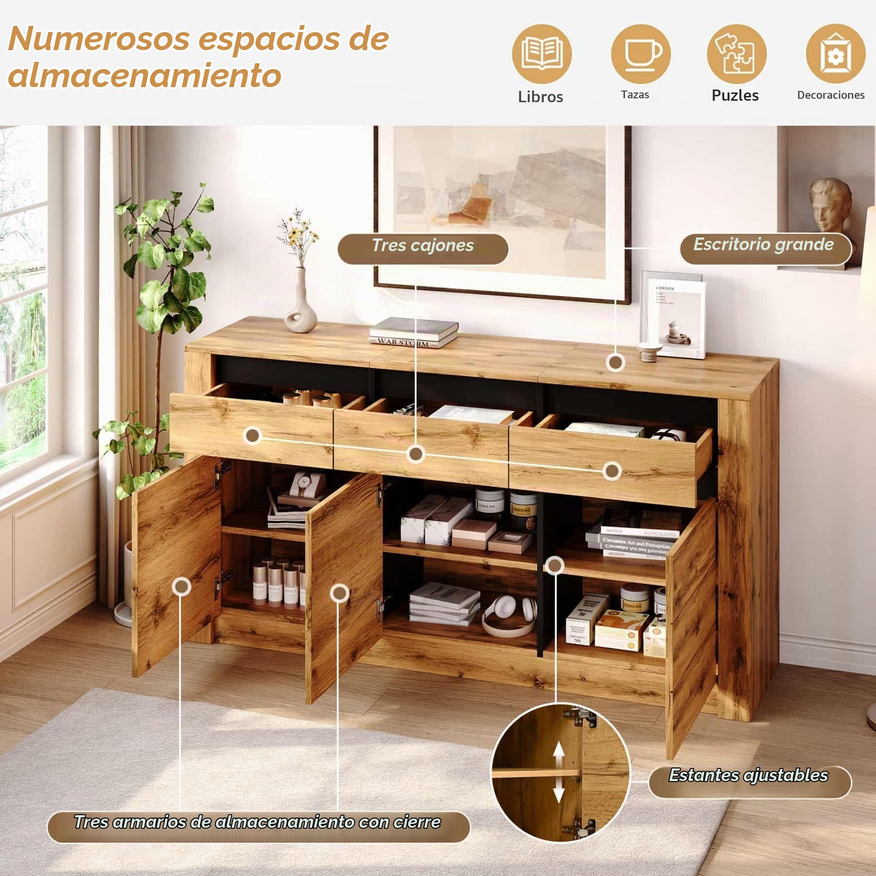 YEHTOKHOME Aparador con 3 cajones y 3 puertas (Naturel-E)