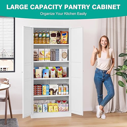Miniatura 4 de SISESOL Armario de almacenamiento de metal blanco, armario de despensa de 71 pulgadas de alto, armarios de almacenamiento de despensa de cocina