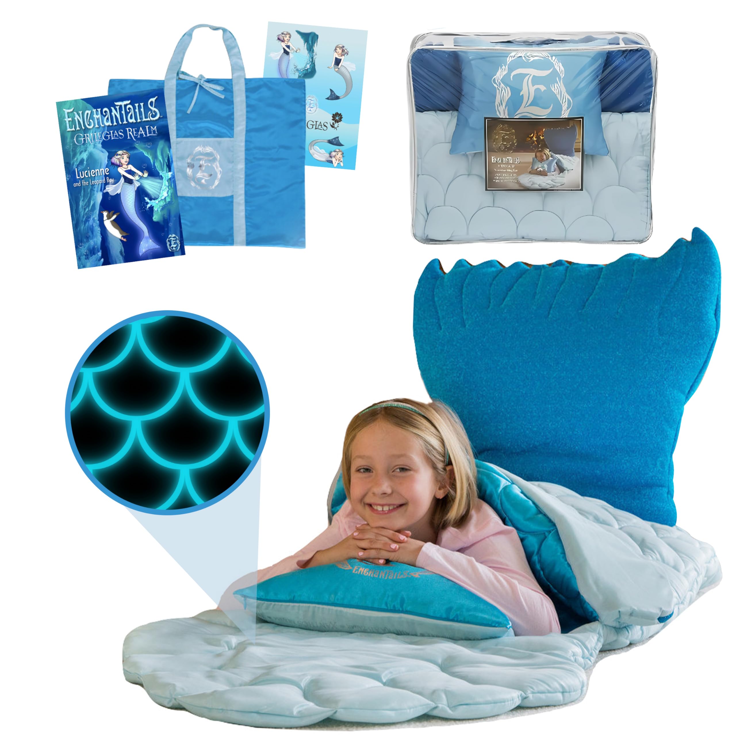 Enchantails Mermaid Tail Blanket for Kids - 5-Piece Glow in The Dark Girls Slumber Set - Wearable Mermaid Tail Sleeping Bag - Ideal for Sleepovers