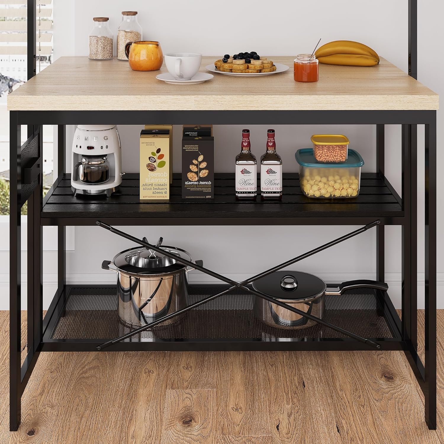 GarveeHome Îlot Cuisine Moderne 3 Niveaux 5 Crochets Bois Naturel 47 Pouces