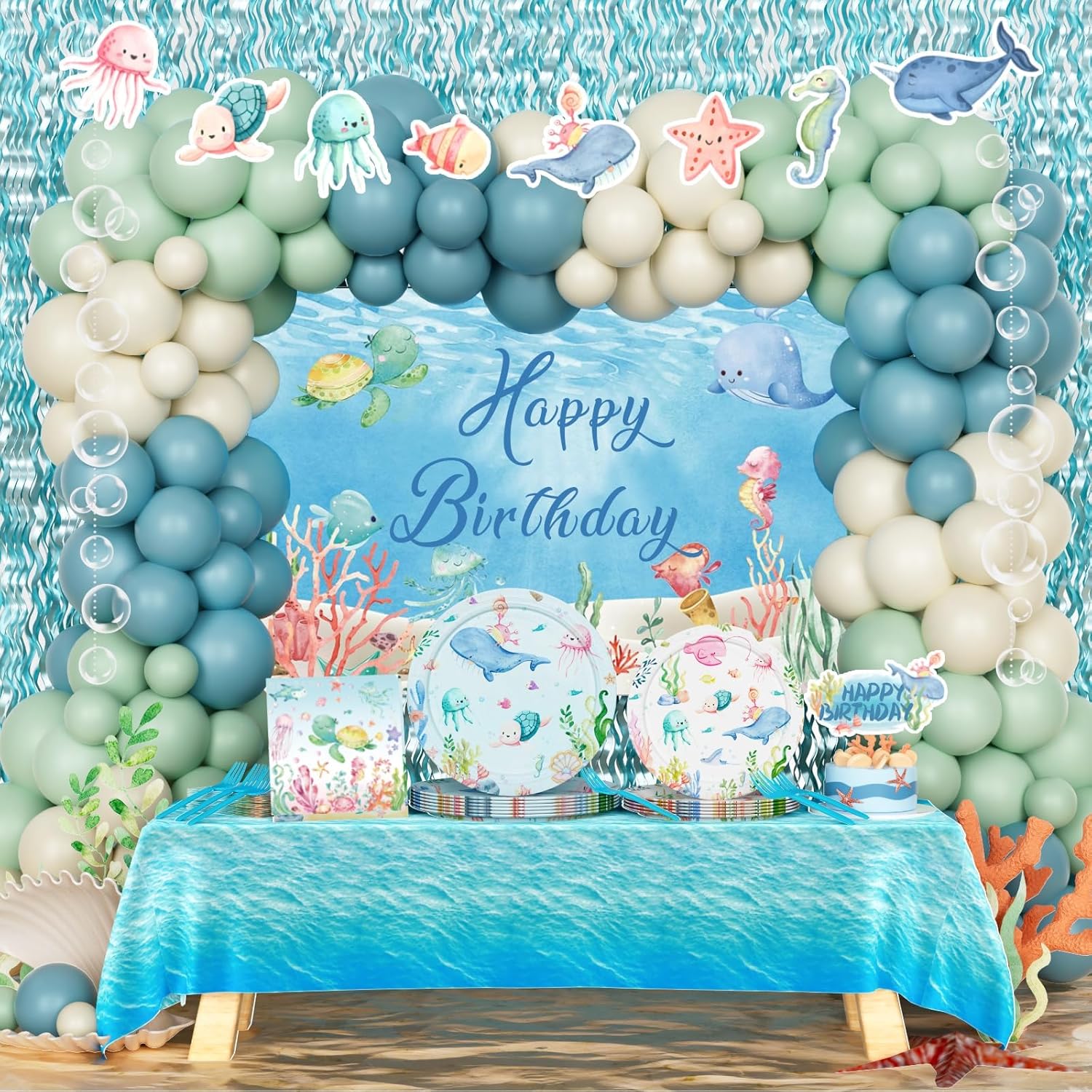 Under The Sea Party Decorations, Ocean Animal Themed Birthday Party Supplies, Underwater World Birthday Backdrop Fringe Curtain Balloon Banner Tablecloth Cake Topper Plates Napkins Forks