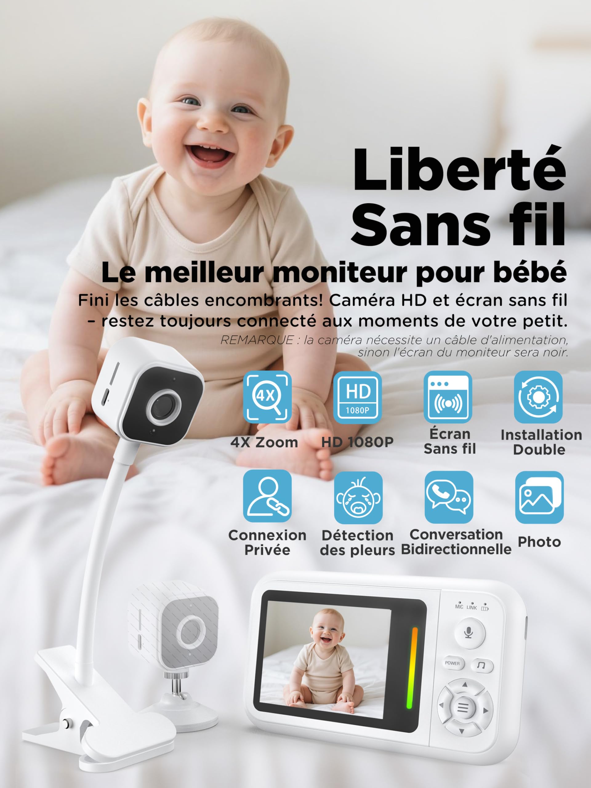 Babyphone Camera sans WiFi, Portable Camera Bebe Surveillance avec Support Lit, Connexion Privée Sécurisée 2,4 GHz, Audio Bidirectionnel, Détection des Pleurs, Vision Nocturne, Zoom 4X, Berceuses