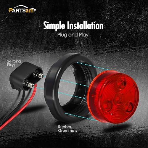 Miniatura 5 de Partsam Juego de 2 luces LED rojas para remolque redondo de 2 pulgadas con enchufe y ojal, 4 LED, montaje empotrado rojo de 2 pulgadas, luces LED