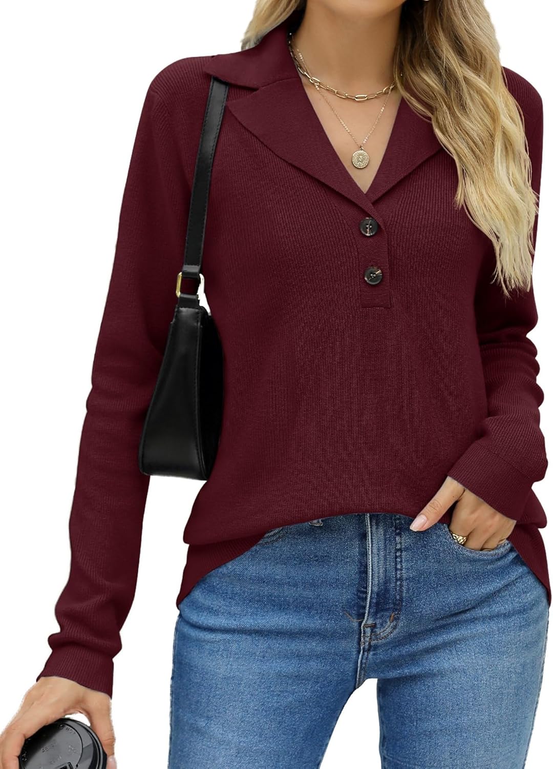 LOMON Sweaters for Women 2025 Fall Knitted V-Neck Collared Button Pullover Dressy Casual Long Sleeve Polo Shirts Business - Image 2