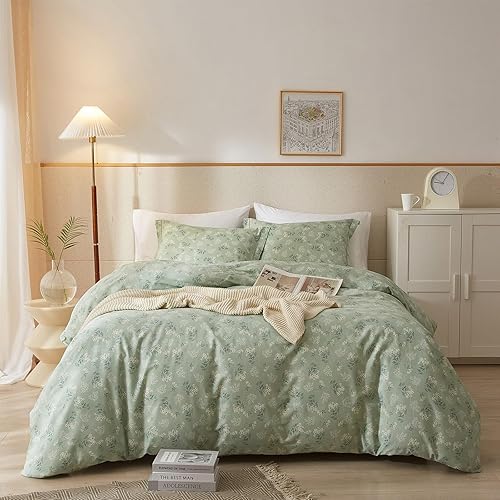 EAVD Juego de funda de edredón floral para niña, tamaño individual, color verde, con 2 fundas de almohada, funda de edredón floral bohemia con
