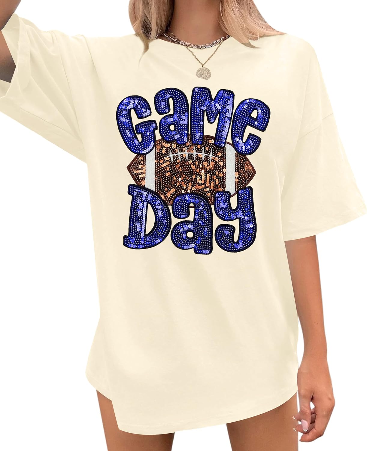 ASTANFY Game Day Shirts Oversized Tshirts: Football Shirts for Women Sequin Shirt Fall Graphic Tees Short Sleeve Tops