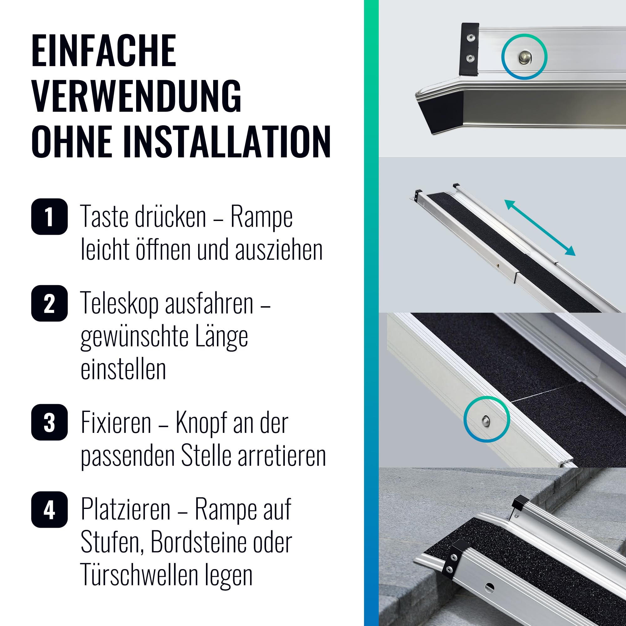 Rampa para silla de ruedas de aluminio, plegable, telescópica, para silla de ruedas, para cochecitos, escaleras y umbrales de puerta, 240 cm