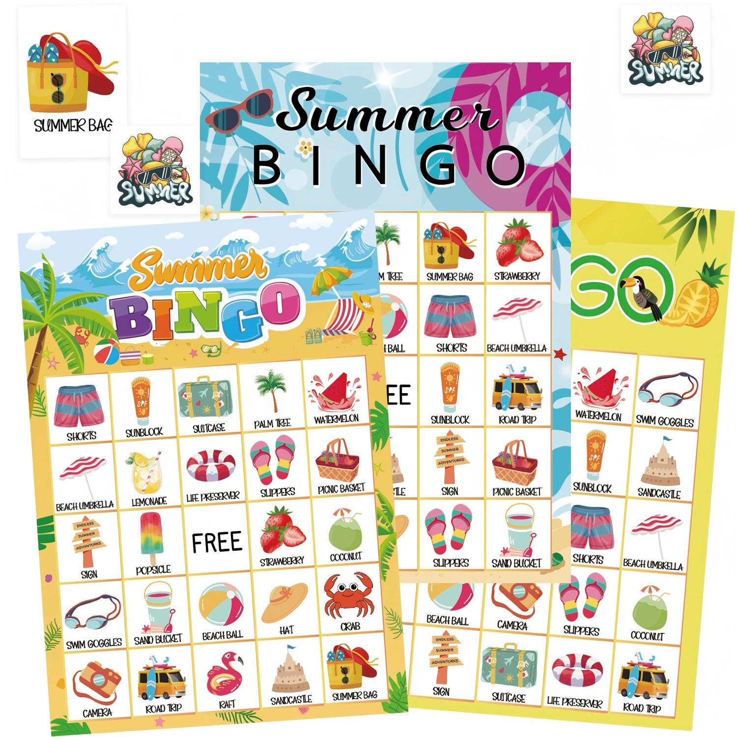 DFXIU Camping Bingo Game Cards with 24 Players Camp Adventure Party Games Forest Jungle Bingo Cards for Family Friends Activities (Tropical Summer Bingo Card)