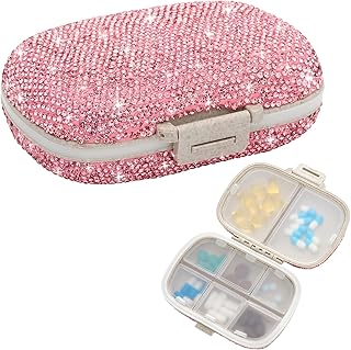 Soleebee Portable 8 Compartments Daily Pill Organizer, Bling Crystal Diamond Pill Box, Small Travel Pill Case, Pill Dispenser, Medicine Container Organizer to Hold Vitamin, Fish Oil (Pink)