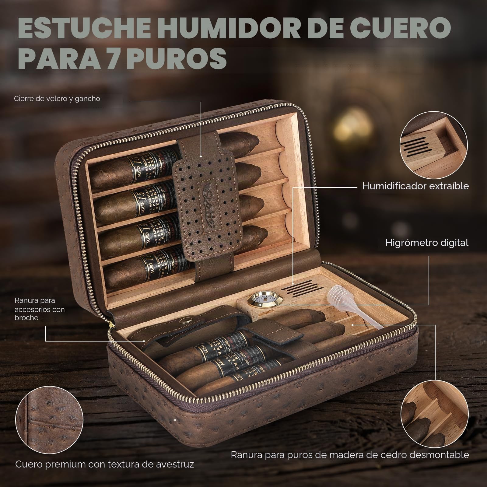 Scotte Cajas de Puros, encendedores de Puros, Cajas de Puros de Cuero con humidificadores e higrómetros, encendedores de butano con Punzones para Puros, portapuros (sin butano)