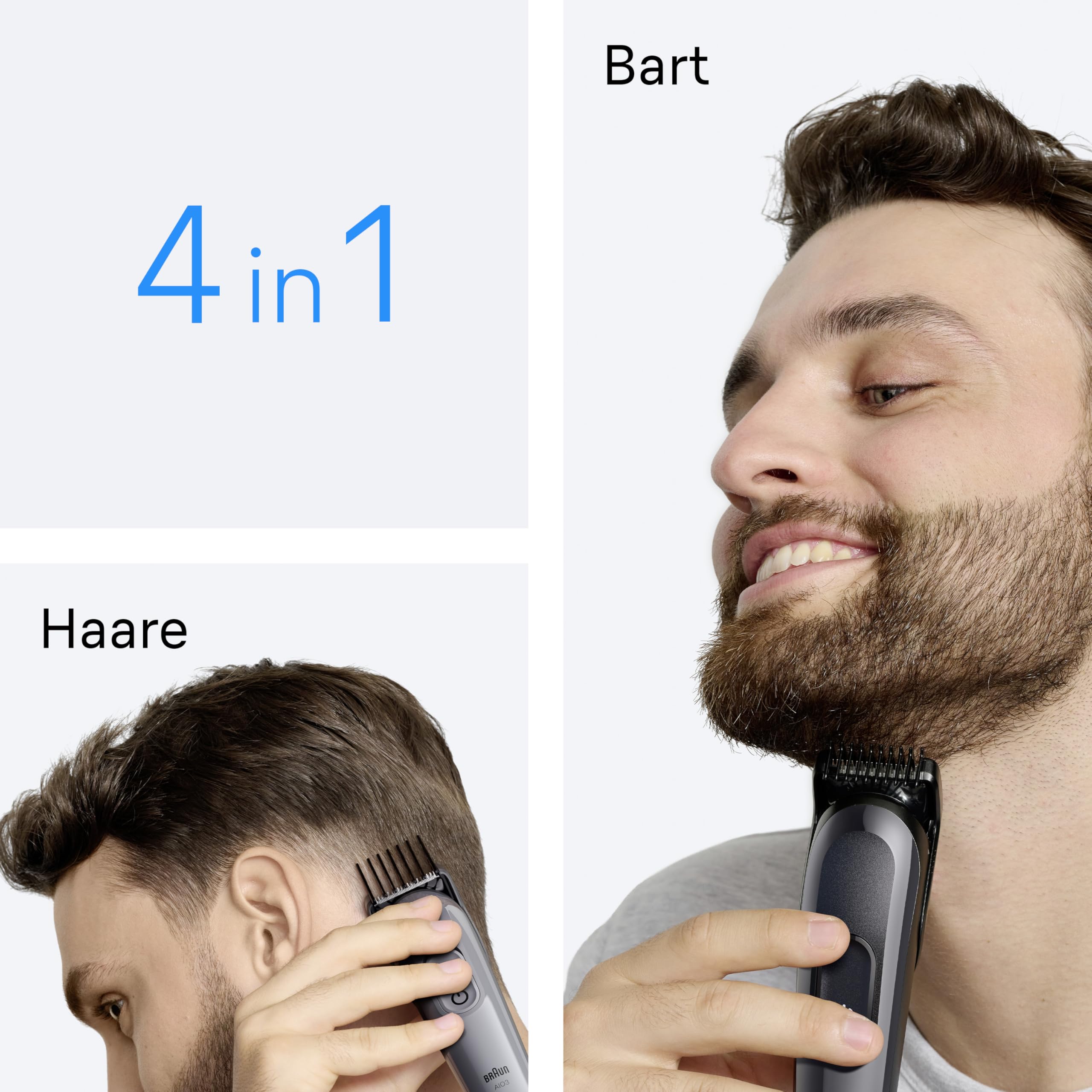 Braun All-in-One Series 3 Trimmer, 4-in-1 Multigroom, Barttrimmer, Haarschneidemaschine, Präziser Schnitt für Bart und Haare, 50 Min Akku, 14 Längeneinstellungen, AIO3500, Grau