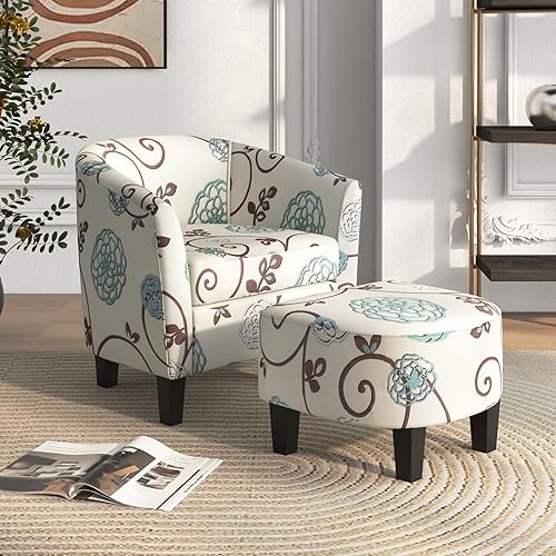 Miniatura 2 de DORTALA Silla decorativa con otomana, moderno juego de sillas tapizadas con patas de madera maciza, sillón de tela de lino con respaldo en forma de