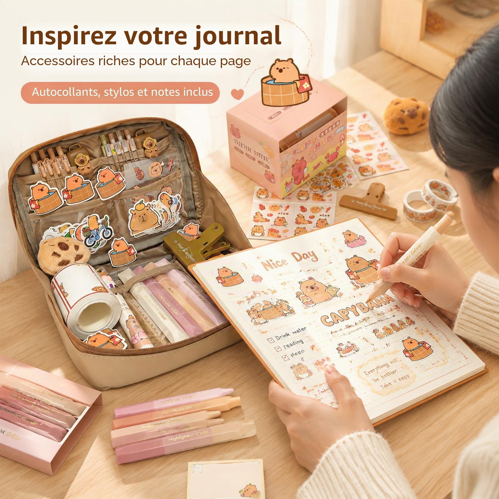 Trousse Capybara 81 Pièces Set, Capybara Papeterie avec Stylos, Pinces, Autocollants, Règles Et Plus Encore, Fournitures Scolaires et de Bureau, Cadeau Rentrée ou Anniversaire