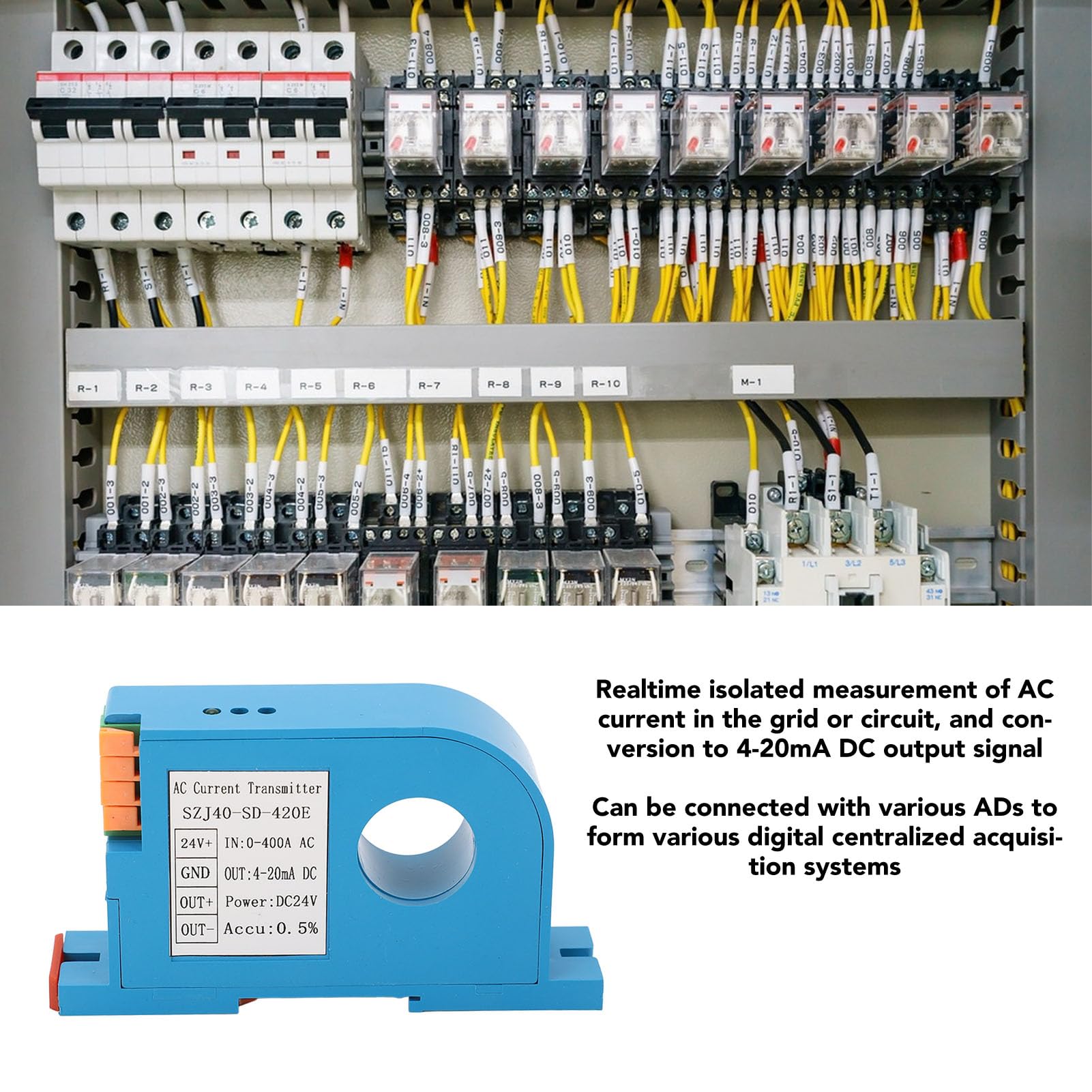 AC DC Current Transmitter, 4?20mA Output Single Phase AC Current Transducer Sensor, Current Transducer Converter for PLC Control