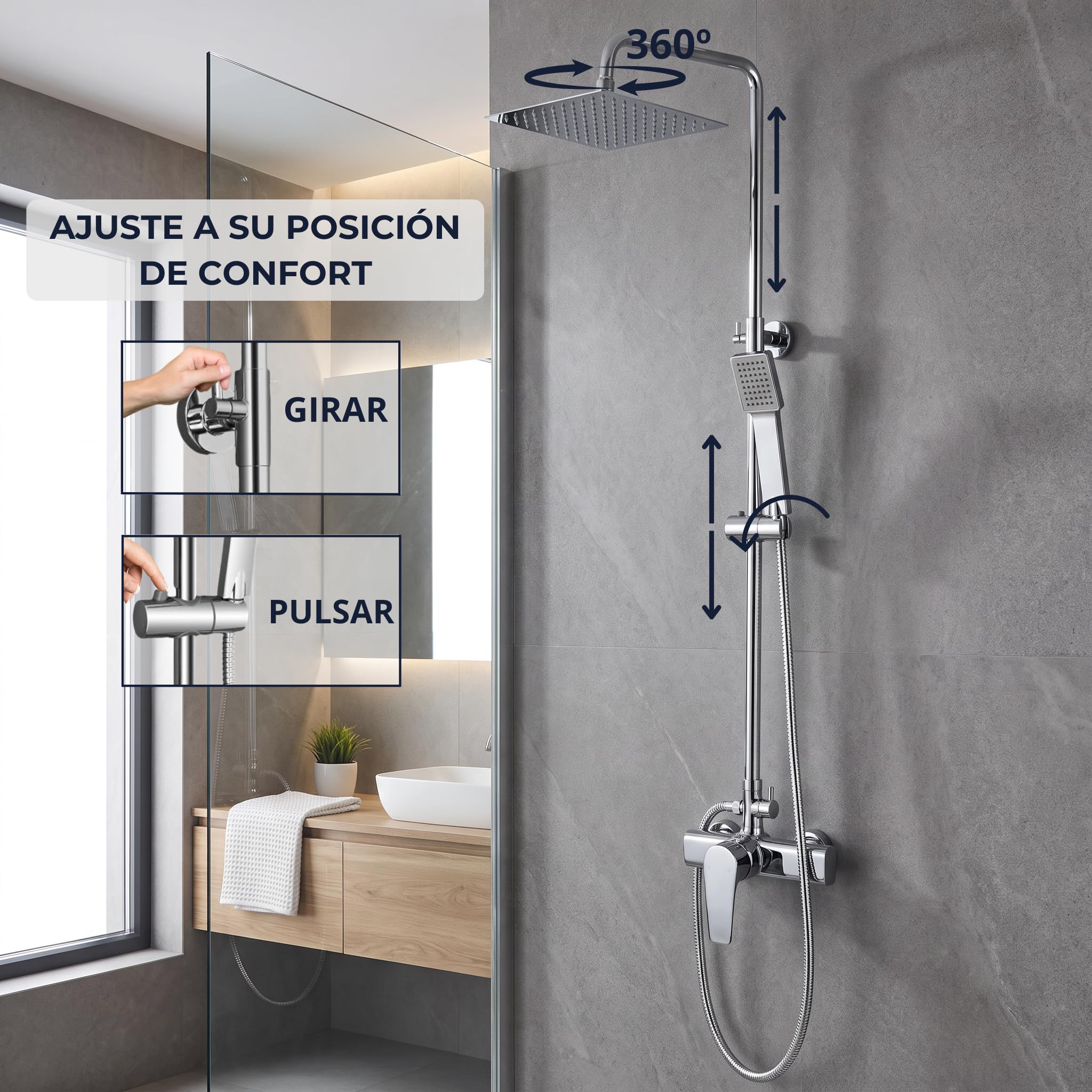 Columna Ducha - Columna Ducha Monomando - Grifo Ducha Columna -Grifo Ducha | Set de ducha completo - ACERO INOXIDABLE - Conexiones Universales - Incluye todo lo necesario para su montaje