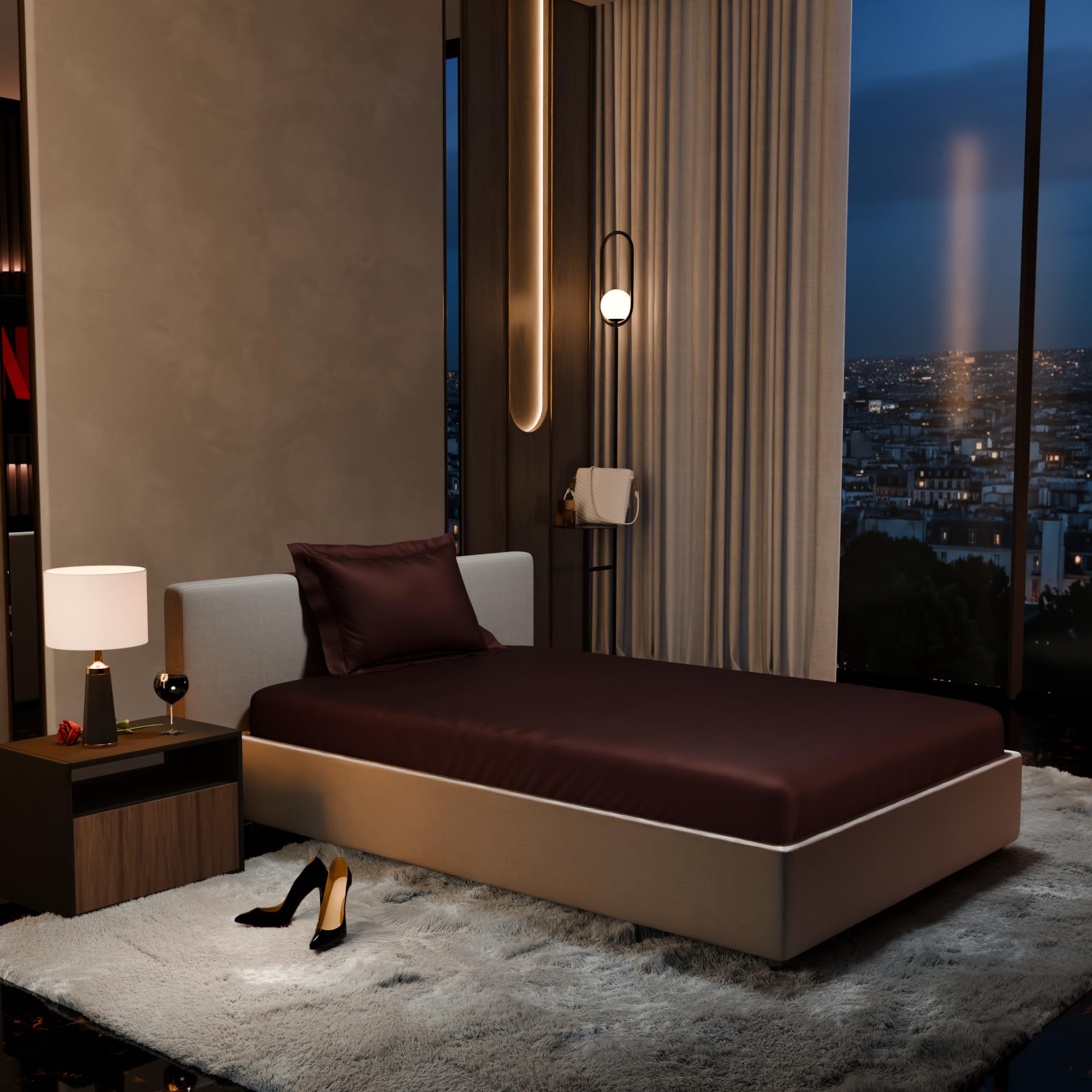 Stoa Paris 300TC UltraSatin Single Bedsheet Set, 10” Drop Fitted Bedsheet with 1 Pillow Cover, Hypoallergenic, Wrinkle Free, Aesthetic Bedding, Home Decor, Gift, Date Night - Hot Chocolate