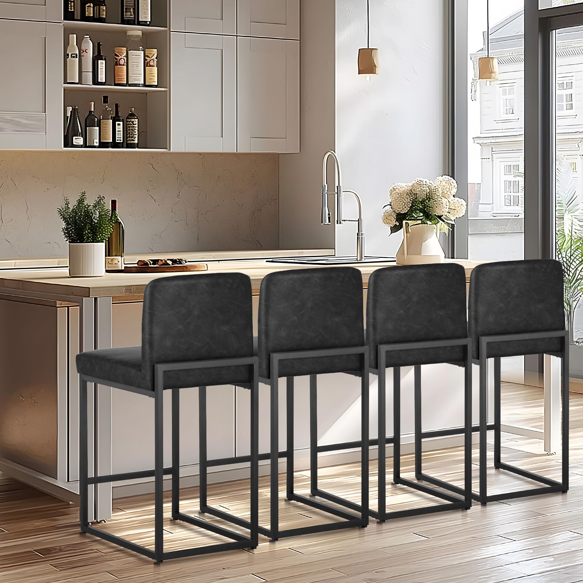 ALPHA HOME Barhocker 2er Set mit Lehne Pu-Leder Küchenhocker, Schwarz
