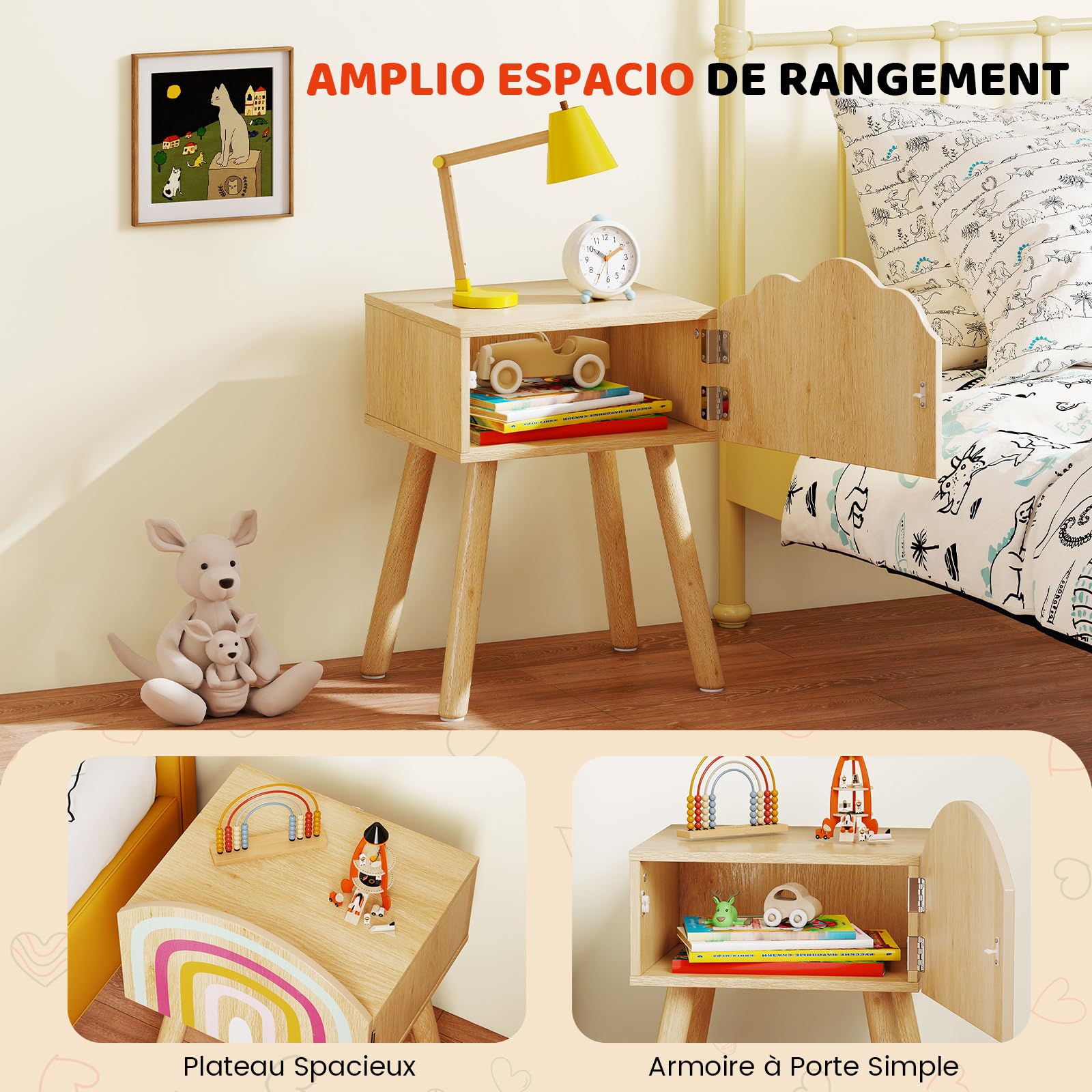 COSTWAY Lot de 2 Table de Chevet Enfant avec Motif Arc-en-Ciel et Nuage, Table de Nuit Enfant Fille avec Portes & Pieds en Bois Massif & Dispositif Anti-basculement, 34x30x54 cm, Naturel