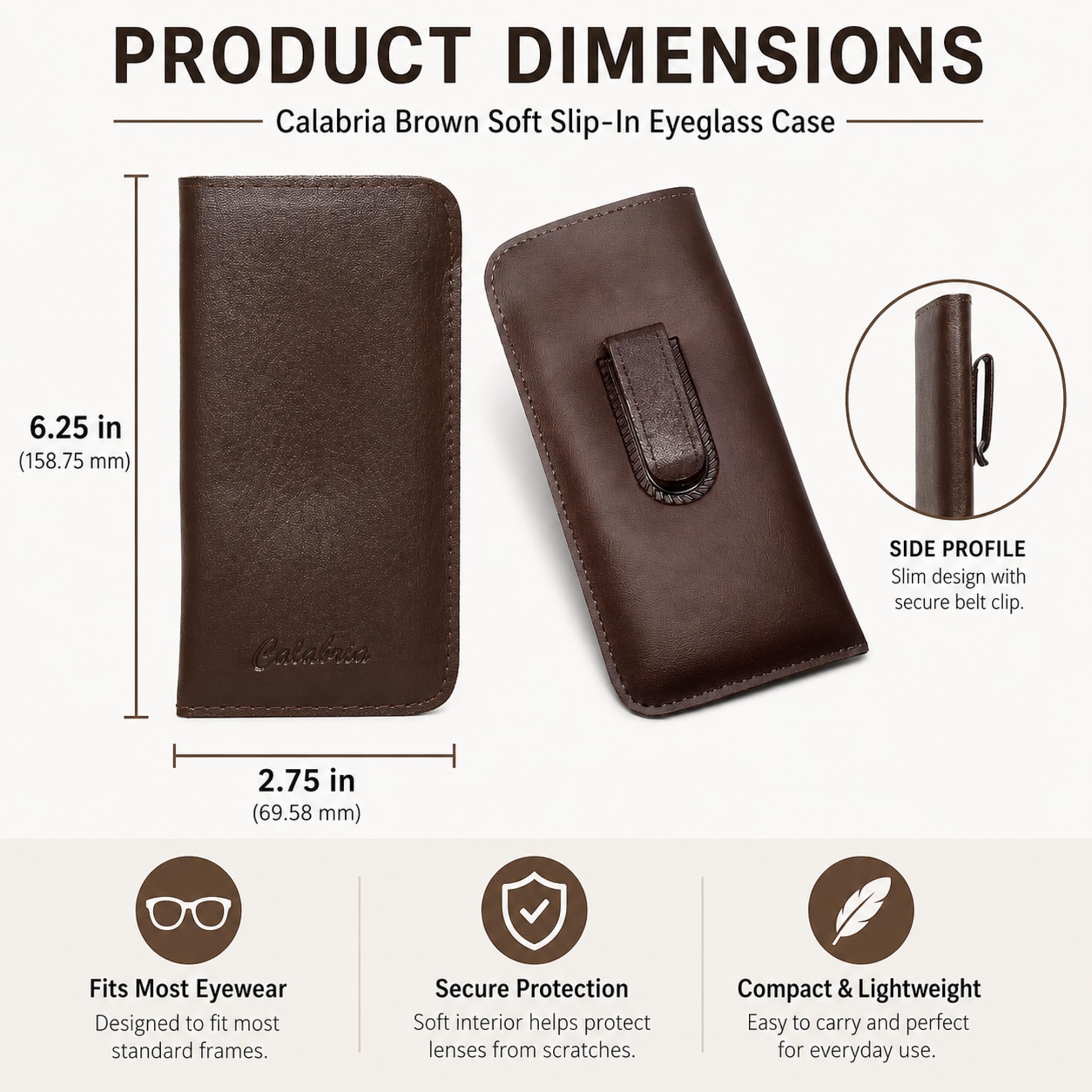 Calabria Soft PU Leather Felt Eye Glasses Case w/Plastic Pocket Clip Slim Eyeglass Pouch Slip-In Travel Sunglass Holder Bag