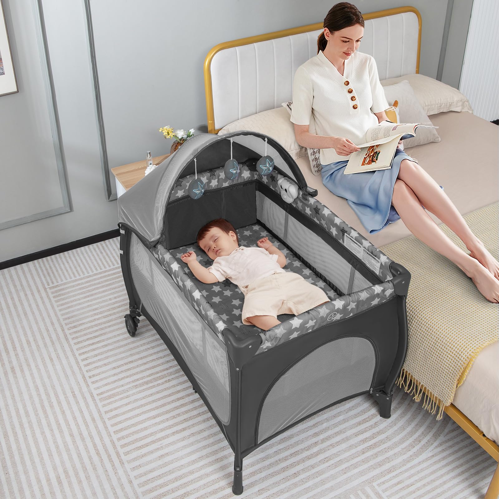 RELAX4LIFE 4 in 1 Lettino da Campeggio con Materasso per Bambini, Culla da Viaggio per Neonati con Fasciatoio, Baldacchino Retrattile con Zanzariera, Adatto a Bambini da 0 a 36 Mesi (Grigio)