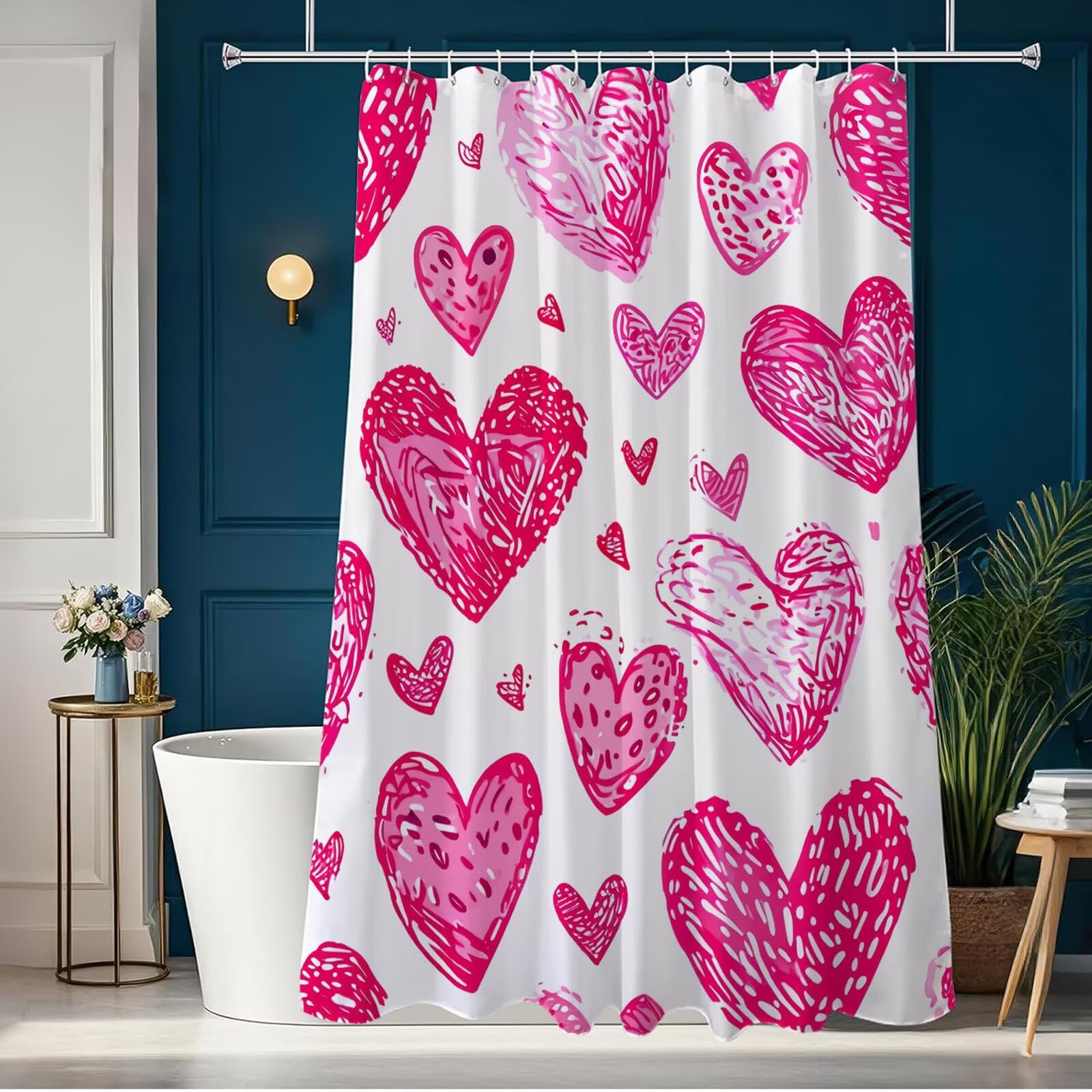 Rideau de Douche Anti Moisissure et Imperméable, Polyester Shower Curtain Rose Lavable avec Ourlet Inférieur Lesté, Rideaux Douche Amour avec Œillets Antirouille et 12 Crochets, 180x240 cm J8-151