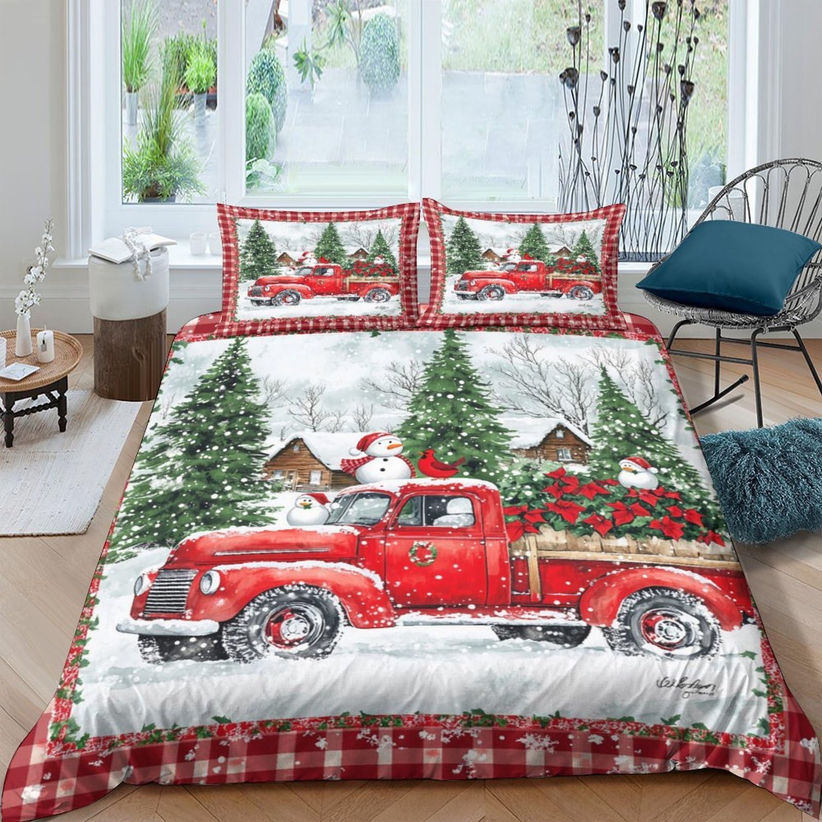Ctjqhvkz Style-5 3D Printed Christmas Red Truck Fitted Sheet Microfiber Soft Breathable Pine Tree Bed Cover For Bedroom Guest Room Decor Single（135X200cm）