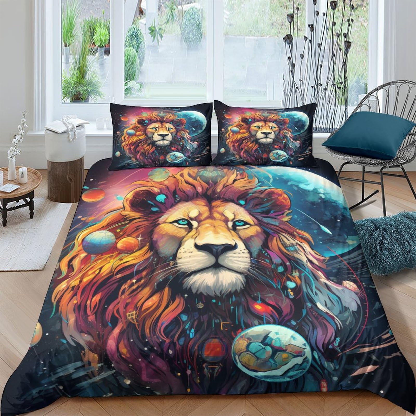 Funda nórdica de león 3D de microfibra suave con dos fundas de almohada para cama doble infantil