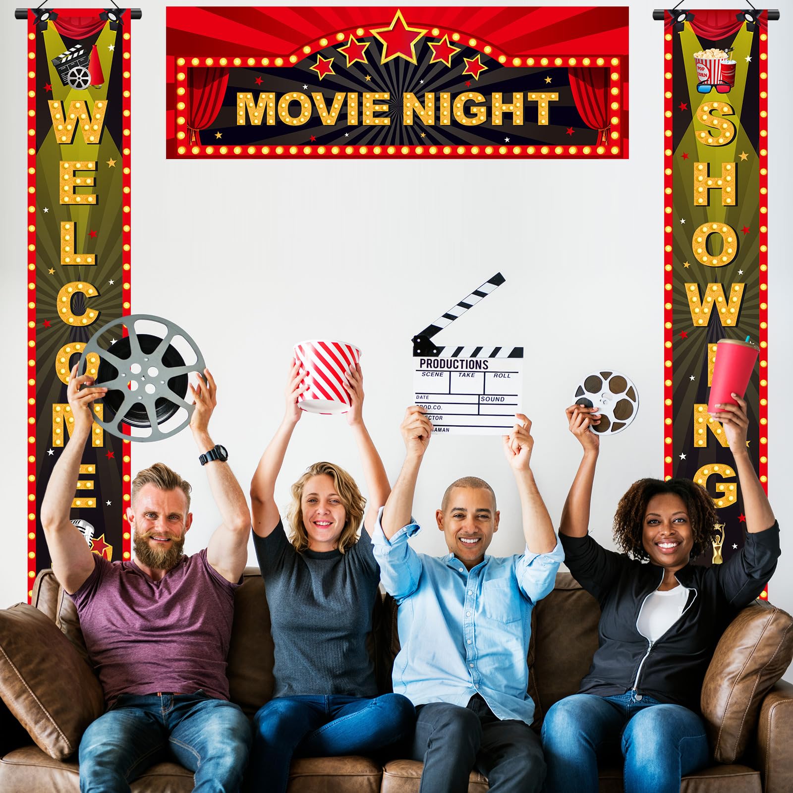 Tigeen 3-strunowa lampka filmowa noc baner ganek znak baner LED wiszący film noc powitalna ganek baner dekoracja filmowa noc materiały do kina przyjęcie urodzinowe na zewnątrz dom