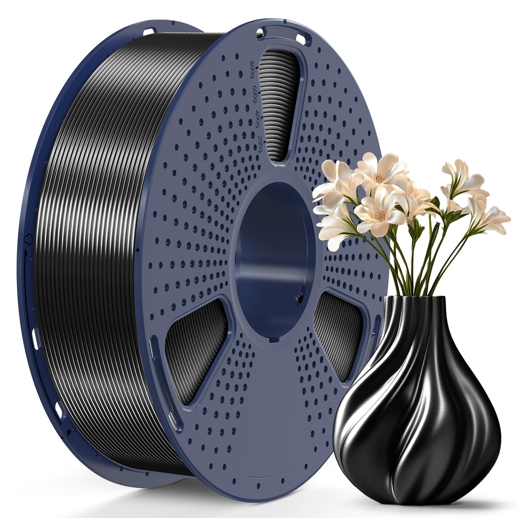 SUNLU Filamento PLA Plus Seta Lucida 1.75mm per Stampante 3D, Silk PLA+ Filamento con Finitura Liscia e Setosa, Buona Resa Colore, Precisione Dimensionale +/- 0,02 mm, 1kg (2,2lb) Bobina, Silk Nero