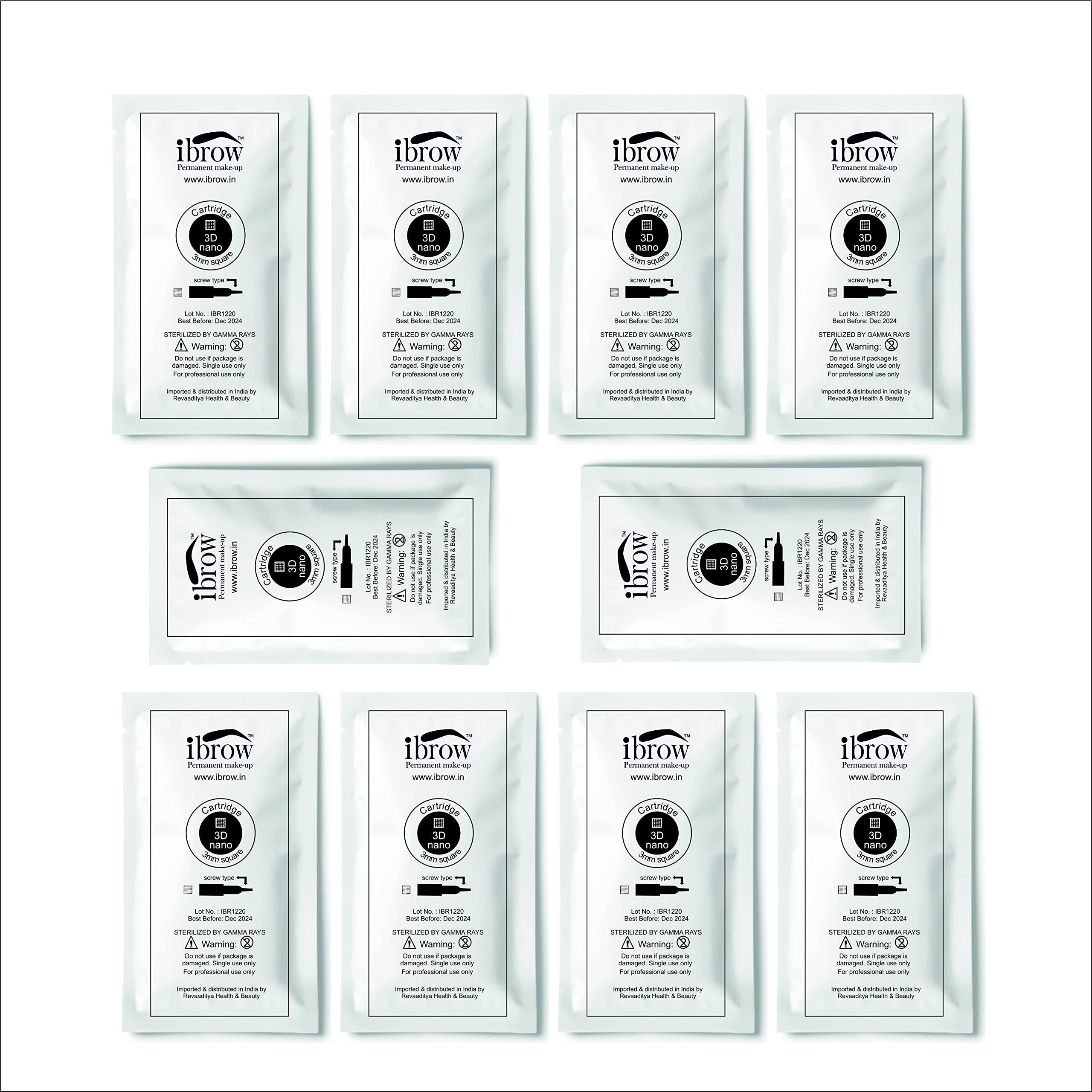 ibrow 3D Nano Screw Type Cartridges for ibrow for BB Glow Microneedling, 10 Individually Packed in Sterile Sachets