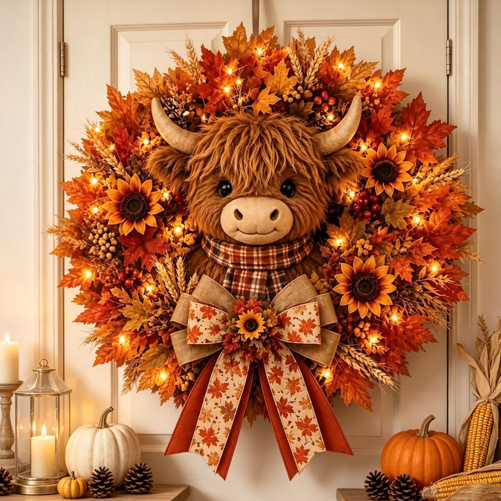 Highland Cow Wreath with LED Lights, Thanksgiving Wreath (A#)