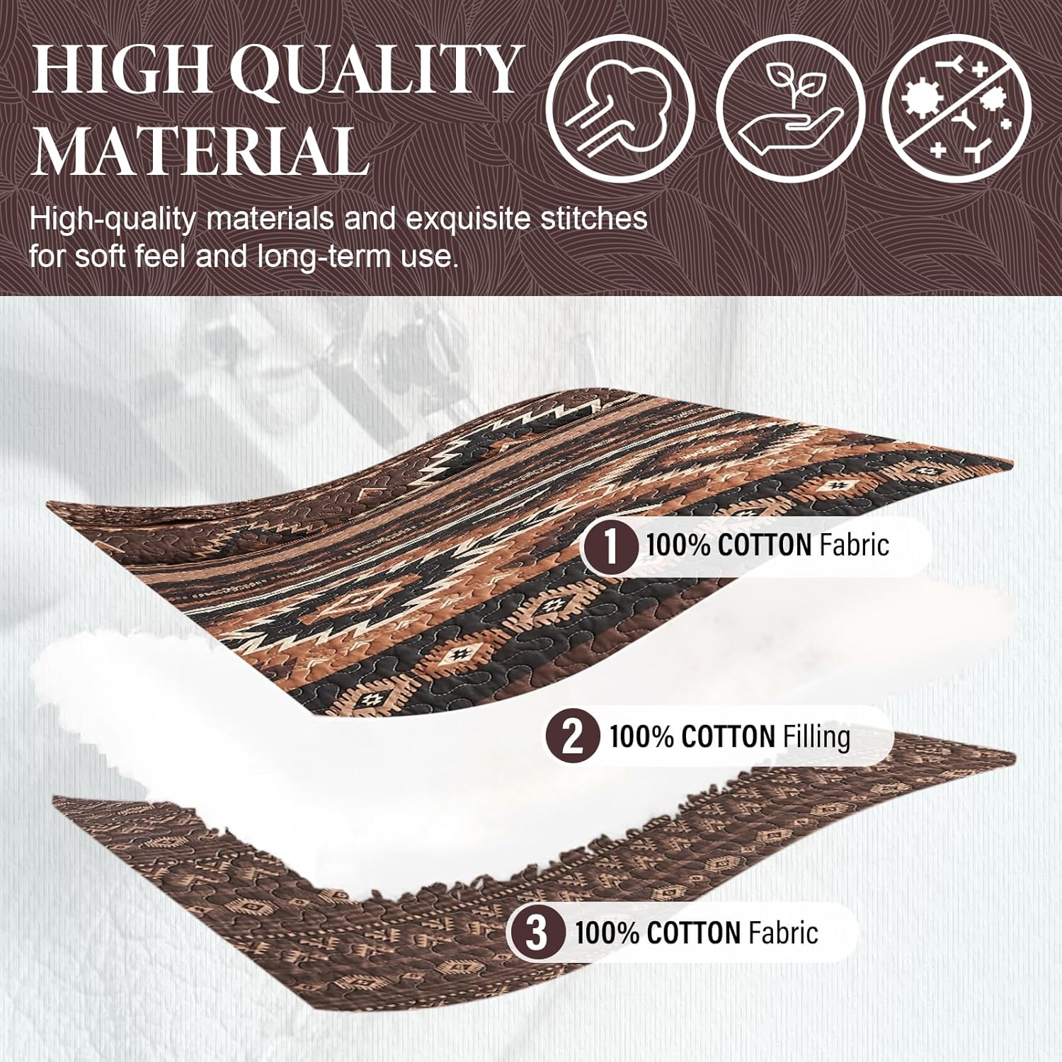 SahSahCasa Quilt Set King Size, 100% Cotton, King Comforter Set, Aztec Striped Quilted Bedspreads, King Bedding Set, Reversible Lightweight Bed Spread for All Season, Brown/Black, 3pcs