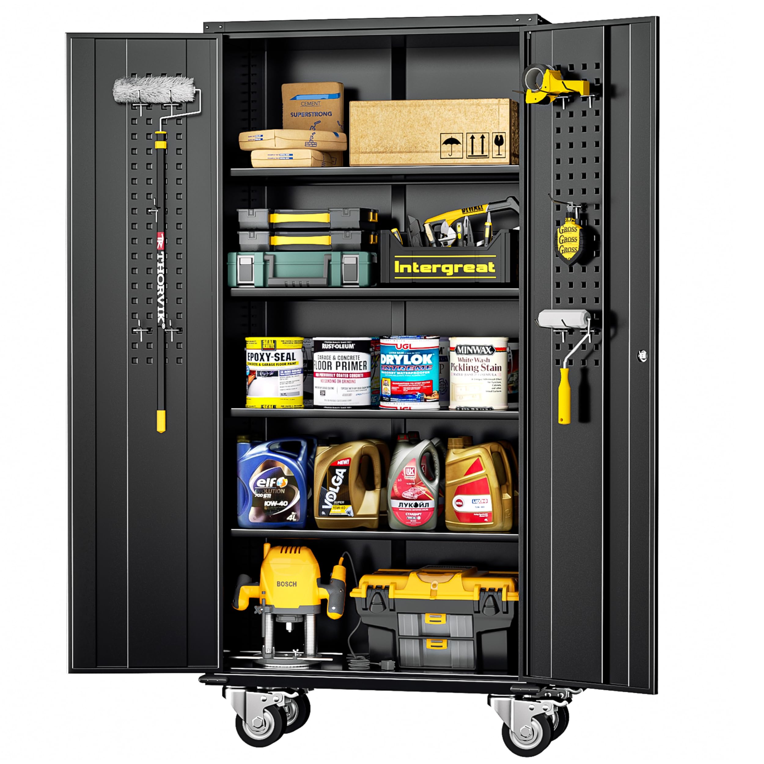 INTERGREAT Rolling Metal Cabinet with Wheels, 72" Locking Storage Cabinet with Adjustable Shelves, Large Capacity Pulley Cabinets for Home Office, School, Warehouse(Black)