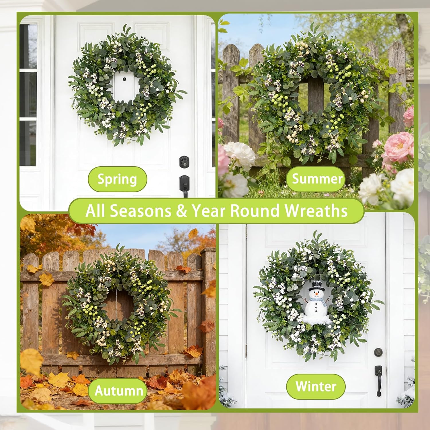 26" Green Eucalyptus Wreath for Front Door, Large Artificial Spring Summer Greenery Wreath with Olive Leaves, Boxwood & Berries, Farmhouse Outdoor Wreaths for Home Porch Wall Window All Season Décor