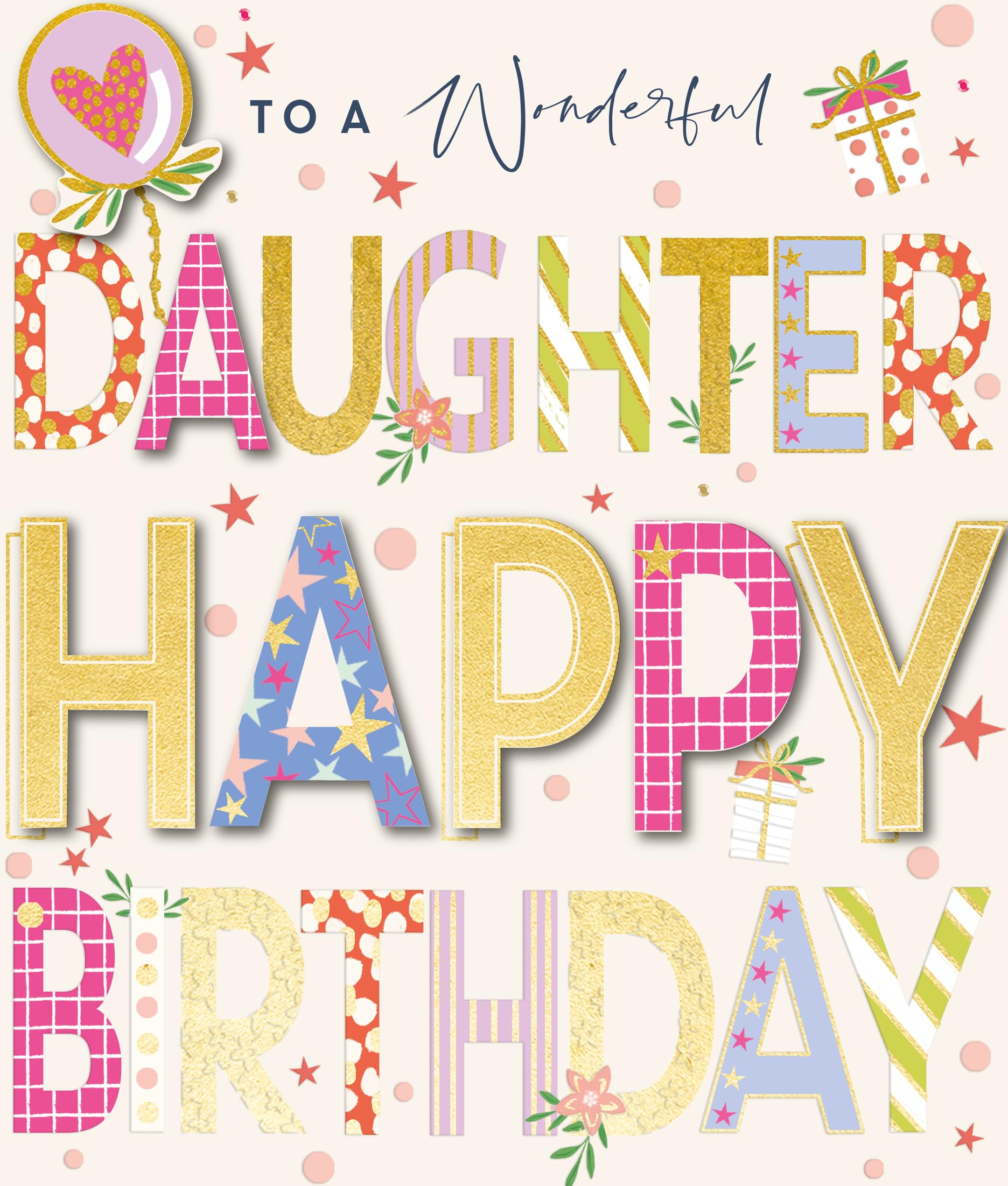 Ling Design Birthday Card for Daughter - Vibrant Patterned Lettering Design - Foil Finish - Hand-Finished with Diamante Gems and Embellishments - Birthday Greeting Card for a Wonderful Daughter