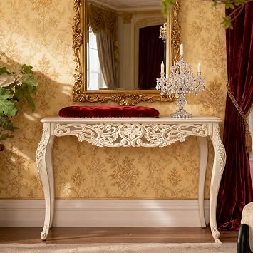 JIJIWANG 43.31" Distressed Console Table with Carved Details,Weathered Wash Vintage French Country Entry Table with Wood Carvings and Curved Legs for Hallway Living Room,Natural Wood