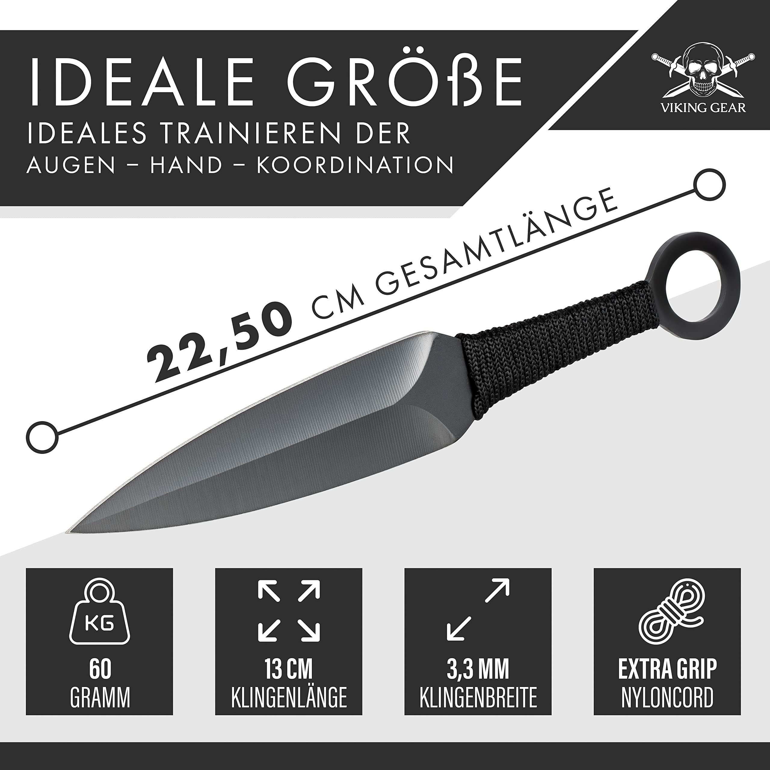 VIKING GEAR® 6X EXPENDABLE Wurfmesser Profi Kunai ca. 22,5 cm - Throwing Knife - Trainingsmesser - Gürtelmesser - Wurfmesser Set inklusive Holster aus Nylon - schnelles Werfen Messer schwarz Edelstahl