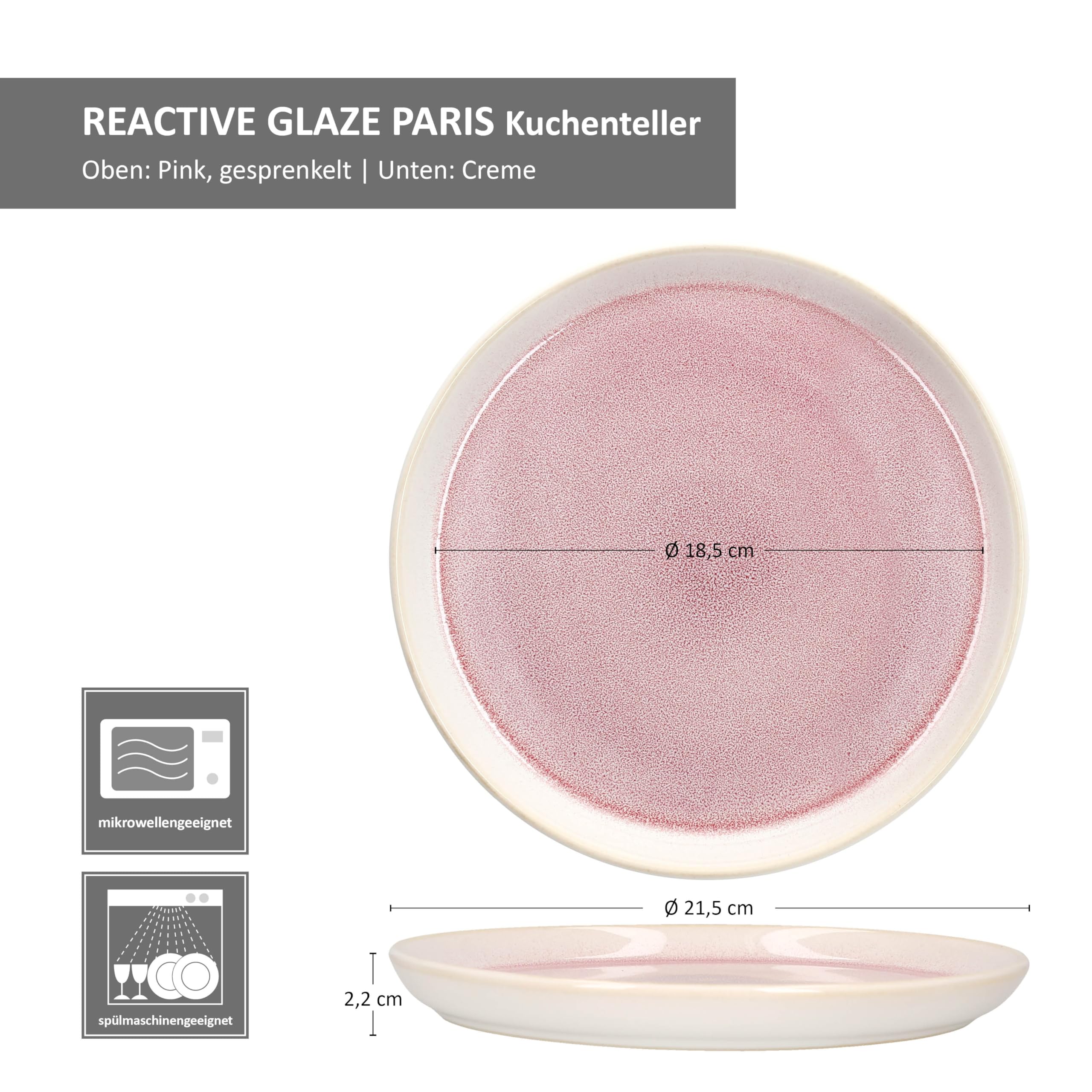 MamboCat Reactive Glaze Paris zestaw 6 talerzy do ciasta, kremowe i różowe, talerze śniadaniowe z kamionki, dla 6 osób, małe talerze do sałatek, deserów itp.