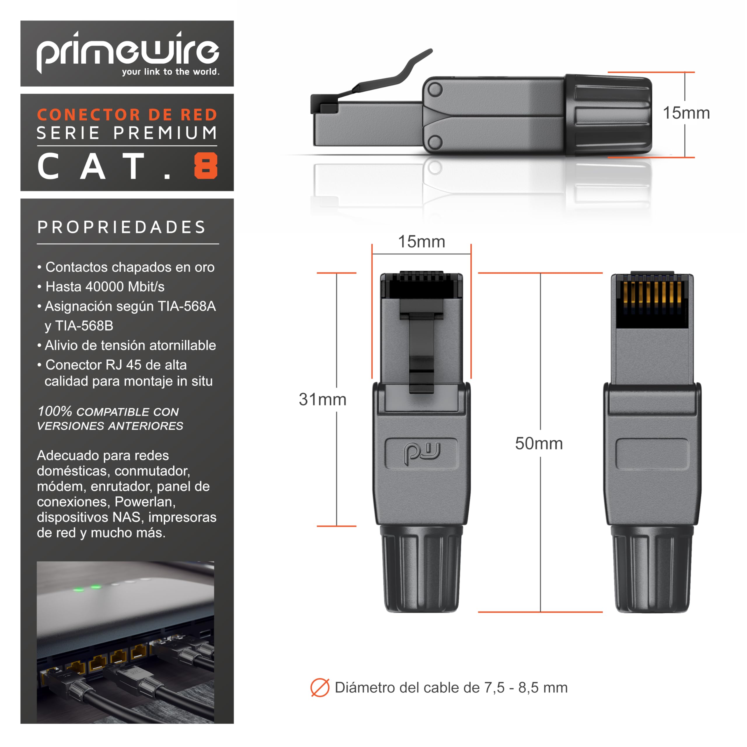 Primewire - 8X Conectores de Red Ethernet RJ45 Cat 8 Cat 7 Cat 6 - Cable LAN blindado 40 GBit/s 2000 MHz – Contactos Dorados - Conector crimpado para Cables de Red - Instalación sin Herramientas