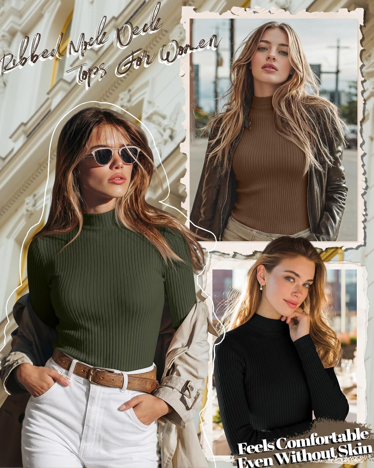 Riyiper 3 Pack Women's Ribbed Shirts, Mock Turtleneck Long Sleeve Tops Slim Fitted Undershirts Casual Basic Layering Tees - Image 3