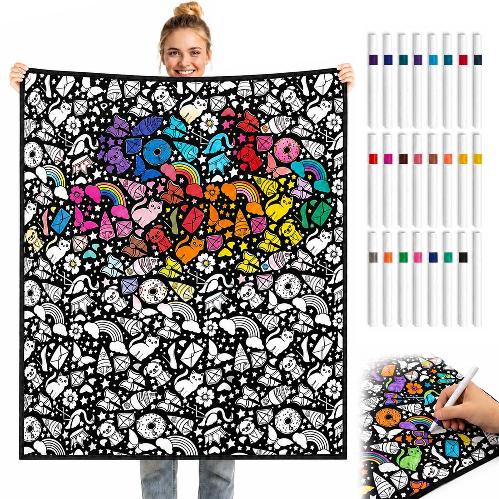 Colouring Blanket for Adults, DIY Colouring Blanket with 24 Markers